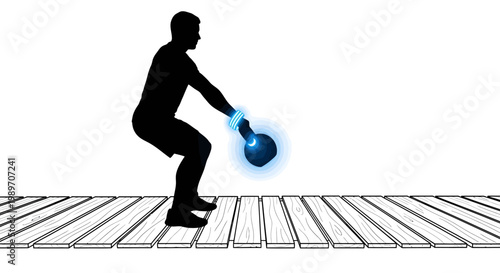 Man exercising with kettlebell on wooden floor
