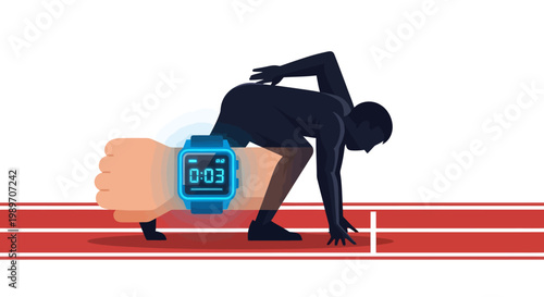 Runner at starting line with stopwatch, ready to sprint fast