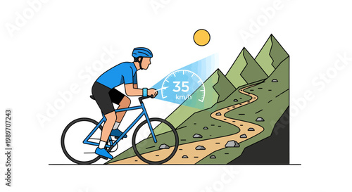 man riding bicycle on mountain trail with speedometer