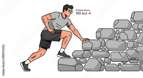Man climbing a stone wall, athletic activity, fitness and sports