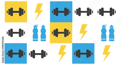 Fitness themed pattern with dumbbells water bottles and lightning bolts