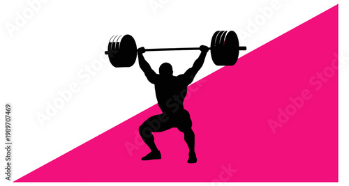 Silhouette of a weightlifter powerfully lifting a barbell overhead against a vibrant background
