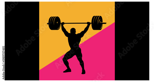Silhouette of a weightlifter performing a clean and jerk against a colorful background