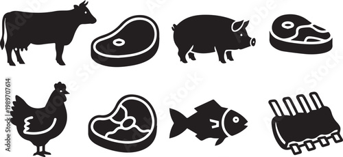 Meat and Livestock Silhouette Icons Set for Butcher and BBQ