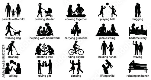 Family activities silhouette icons with parents, children, and leisure moments