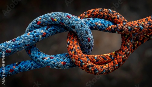 Knotted ropes in blue and orange colors, close up shot