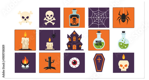 A colorful grid of halloween themed icons including skulls spiders potions and haunted houses