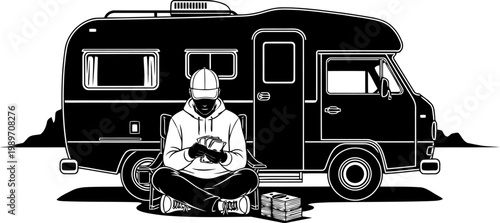 A person counting money beside camper van silhouette.