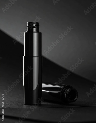 empty black lipstick tube container standing upright with another lying down on dark paper surface for cosmetic branding product mockup