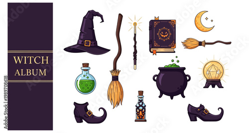 A collection of illustrated witch themed items including a hat broom and potion bottles