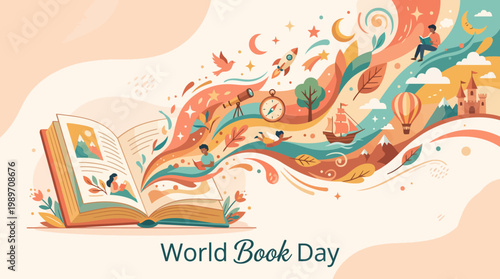 Vibrant World Book Day illustration with whimsical design elements and open book.