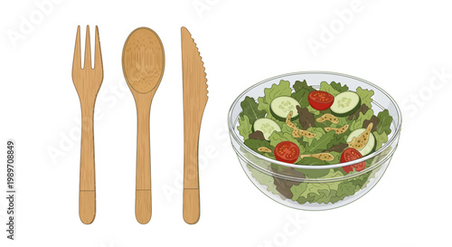 Eco friendly wooden utensils with healthy salad bowl