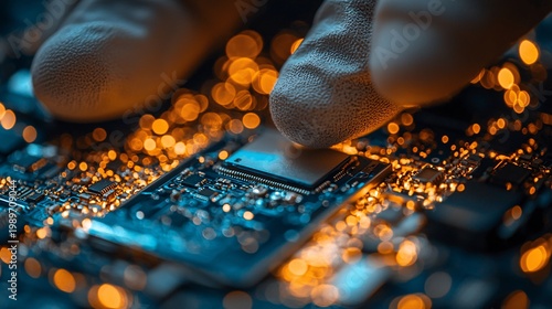 A close-up view of gloved hands carefully placing a camera module onto a smartphone's circuit board under warm bokeh lighting highlighting precision electronics assembly in a tech workshop environment