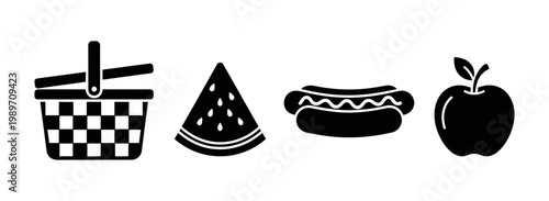 Classic black and white graphic icons for summer picnics basket, watermelon, hot dog, and apple, perfect for various outdoor food and event designs