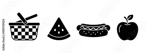 A collection of picnic essentials basket, watermelon slice, hot dog, and apple icon