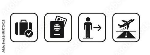 Airport icons suitcase, passport, passenger, and airplane taking off, representing travel and departure