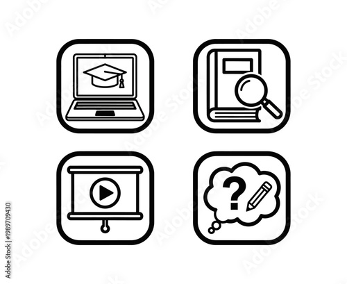 Diverse set of essential education and e-learning vector icons, illustrating modern study methods, online courses, research, multimedia presentations, and interactive problem-solving concepts