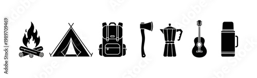 Collection of camping and outdoor adventure icons, including a tent, backpack, axe, coffee pot, guitar, and thermos
