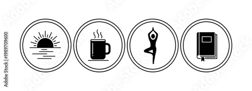 Minimalist icons for a balanced and healthy daily routine, featuring morning light, a warm beverage, mindful yoga, and the enriching act of reading for overall well-being