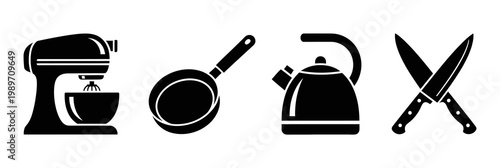 Set of kitchen appliances and utensils including a stand mixer, frying pan, kettle, and crossed knives, presented as clean black vector graphics on a white background