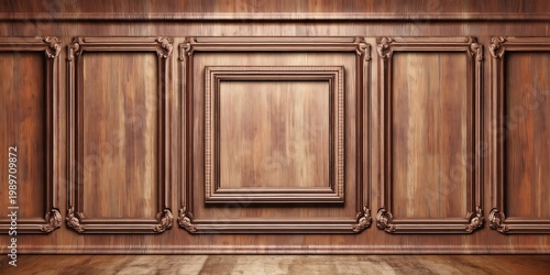 Ornate wooden paneling featuring detailed carvings and decorative molding in a classic, elegant design.