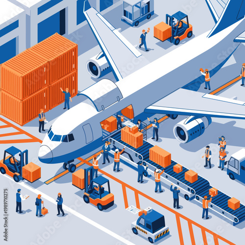 Airplane cargo loading with forklifts and workers at airport.