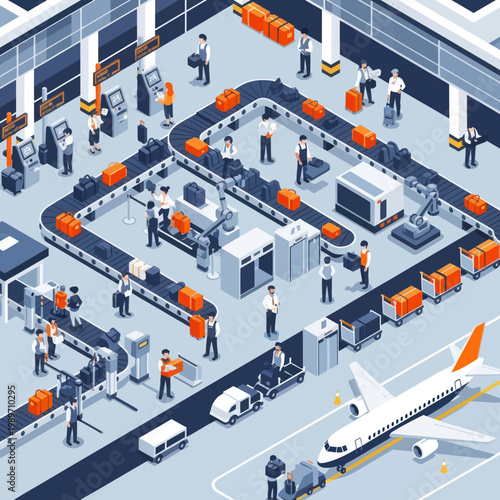 Airport Baggage Handling System with Conveyor Belts and Luggage.