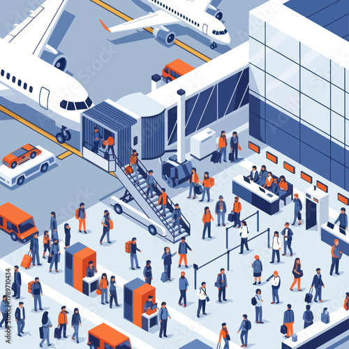 Busy Airport Terminal with Passengers and Airplanes.