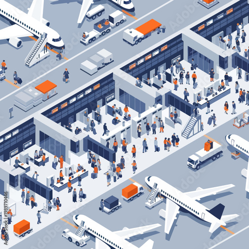 Busy Airport Terminal with Passengers and Airplanes.