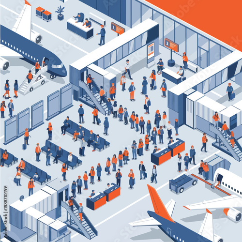 Busy Airport Terminal with Passengers and Airplanes.