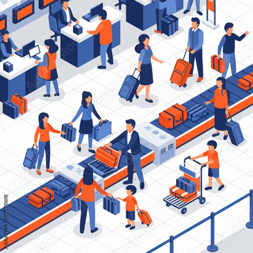 People interacting at a busy airport baggage claim area with luggage.