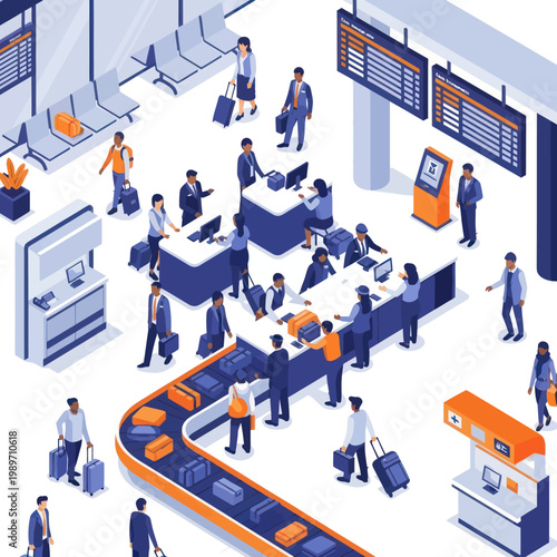 People interacting at airport check in and baggage claim areas.