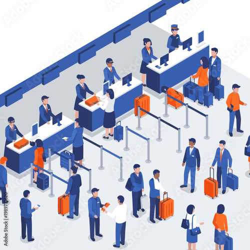 People queuing at airport check-in counters with luggage.