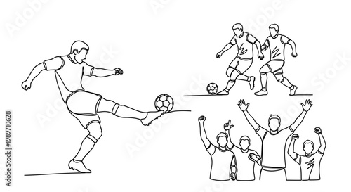 Soccer players kicking ball with fans cheering in stadium during game