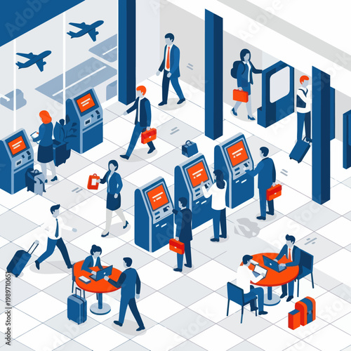 People using self-service check-in kiosks at an airport terminal.