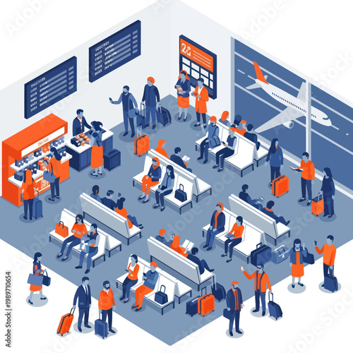 People waiting in airport terminal with luggage and departure boards.