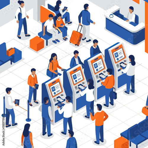 People using self-service kiosks in a modern airport terminal.