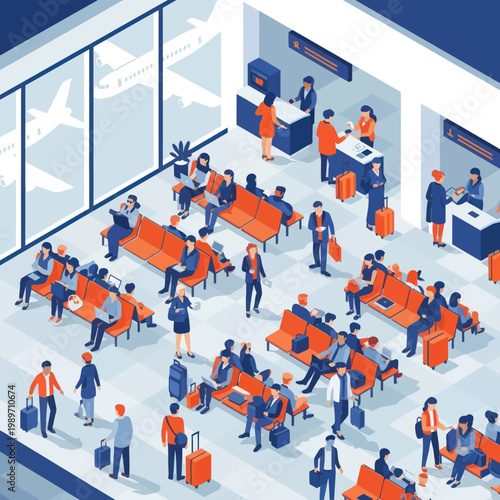 People waiting in a modern airport terminal with luggage.