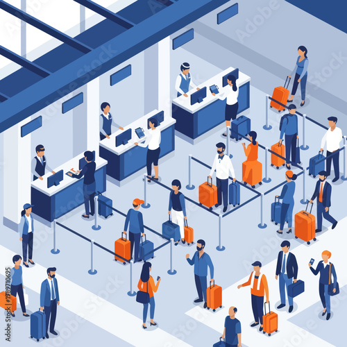 People with luggage at airport check-in counters waiting in line.