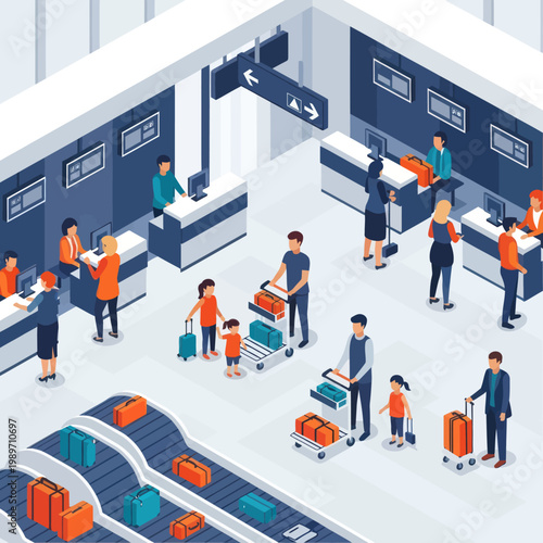 People with luggage at airport check-in counters and baggage claim.