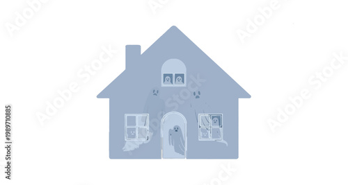 A spooky illustration depicts a haunted house with several ghostly figures