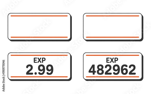 Expiration date labels with sample numbers on white background for product packaging