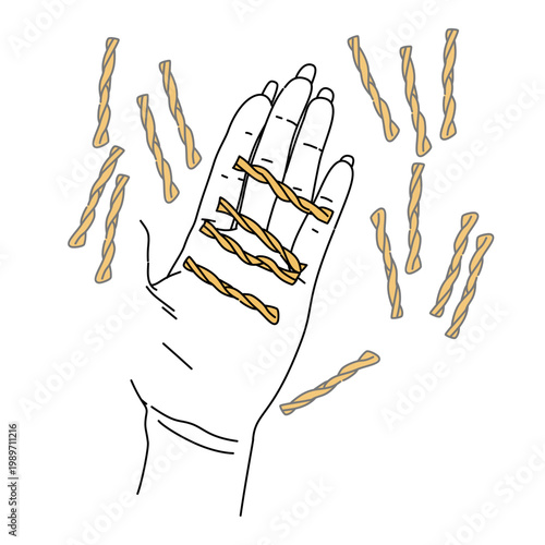 a hand holding a twisted pasta. For snack, breakfast. Home made healthy food pasta