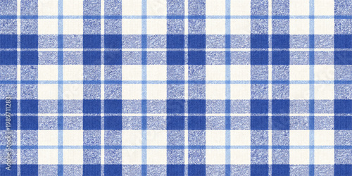 Seamless blue and white gingham plaid fabric pattern with a checkered cotton textile texture design for a picnic tablecloth or blanket background