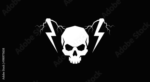 Bold graphic white skull with dual lightning bolts on a solid black background, symbolizing power, danger, rebellion, and an edgy aesthetic.