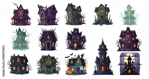 A collection of cartoon haunted houses in various spooky designs