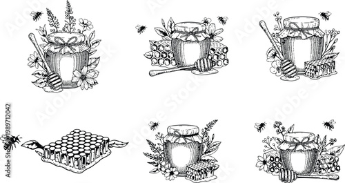 Minimalist Vintage Honey Jar and Bee Illustration Collection with Floral Elements