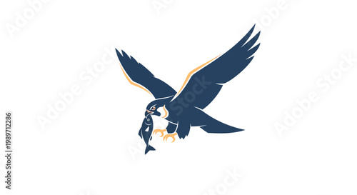 Majestic flying eagle graphic illustration with a fish in its talons. Powerful raptor bird of prey hunting wildlife design.