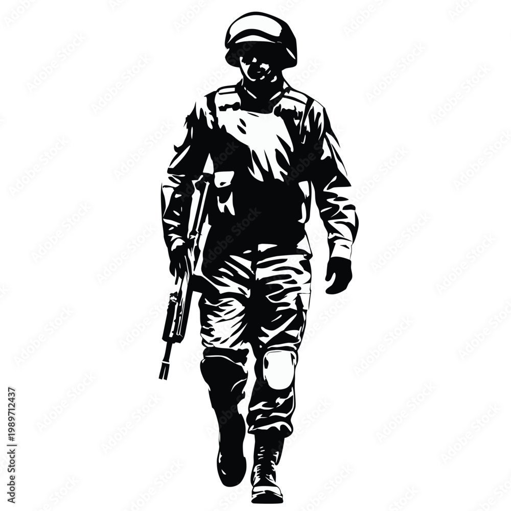 Obraz premium Determined military soldier in full tactical uniform walking forward with a protective helmet