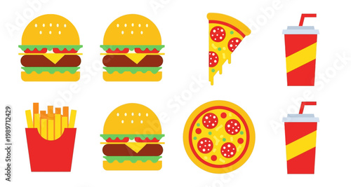 Colorful illustration of fast food items including burgers pizza and french fries